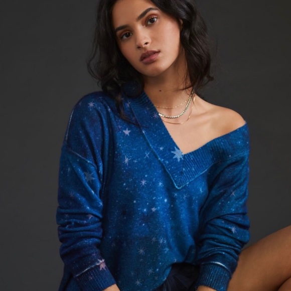 LAST CALL Anthropologie Pilcro V-Neck Navy Star Print Cashmere Sweater NWT XS/S - Picture 4 of 11